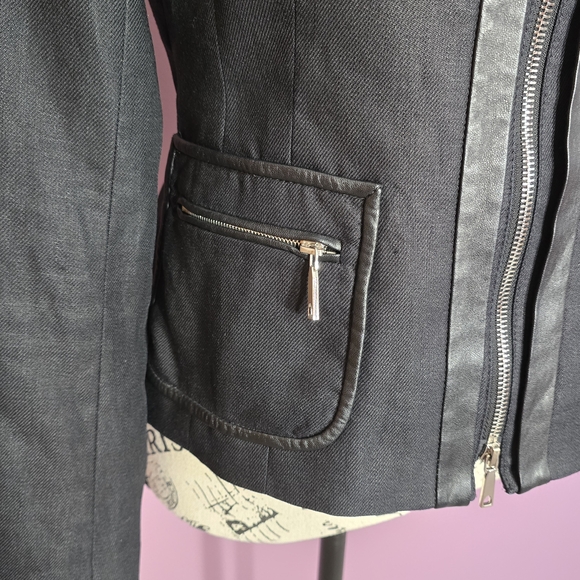 Lafayette 148 New York Black Linen Full Zip Jacket with Leather Accents 6P - Picture 6 of 12